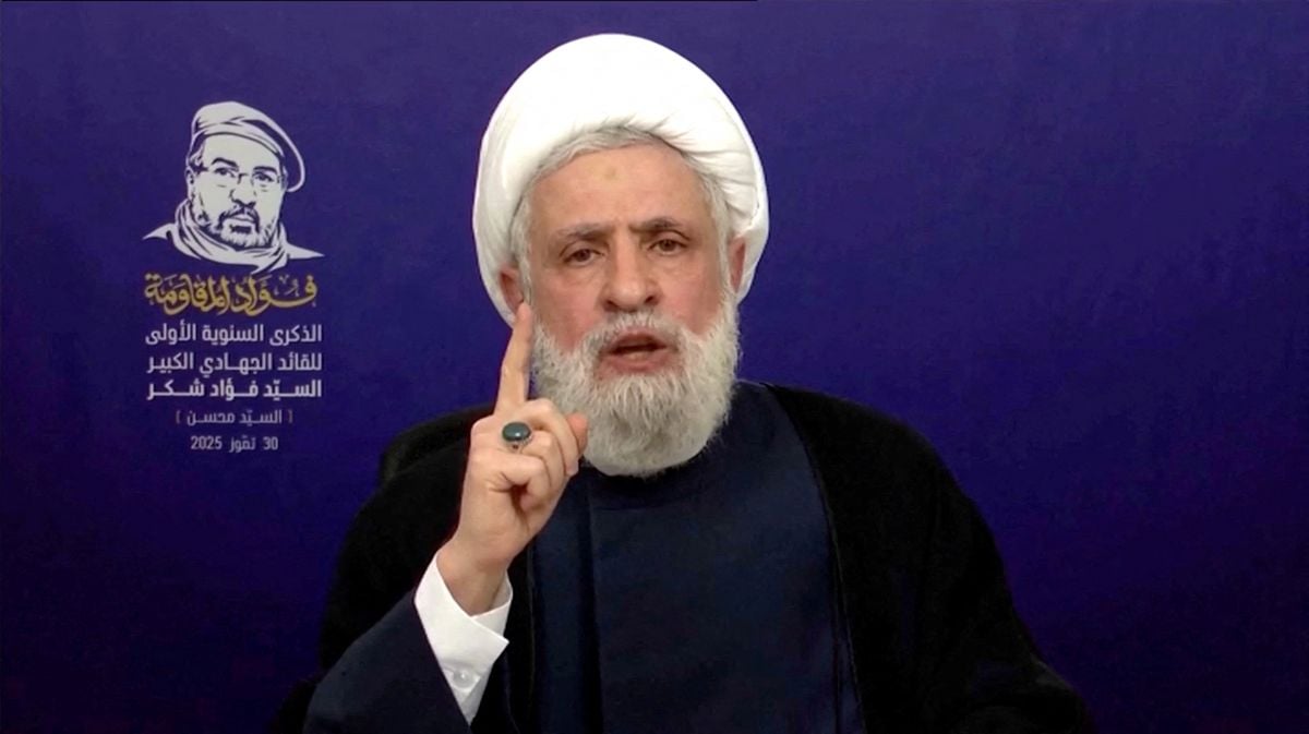 Hezbollah Secretary-General Naim Qassem delivering a televised speech