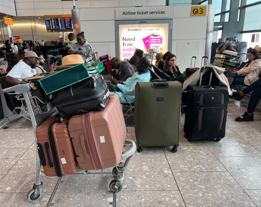 People and their luggage at Heathrow airport’s Terminal 4 on Saturday after flights were delayed.
Photograph: Maja Smiejkowska/PA