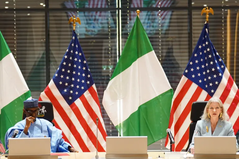 Nigeria’s National Security Adviser Nuhu Ribadu and US Under Secretary of State for Political Affairs Allison Hooker deliver a speech during the inauguration of the Nigeria-US Joint Working Group to boost counterterrorism cooperation at the Office of the National Security Adviser in Abuja, Nigeria, on January 22, 2026