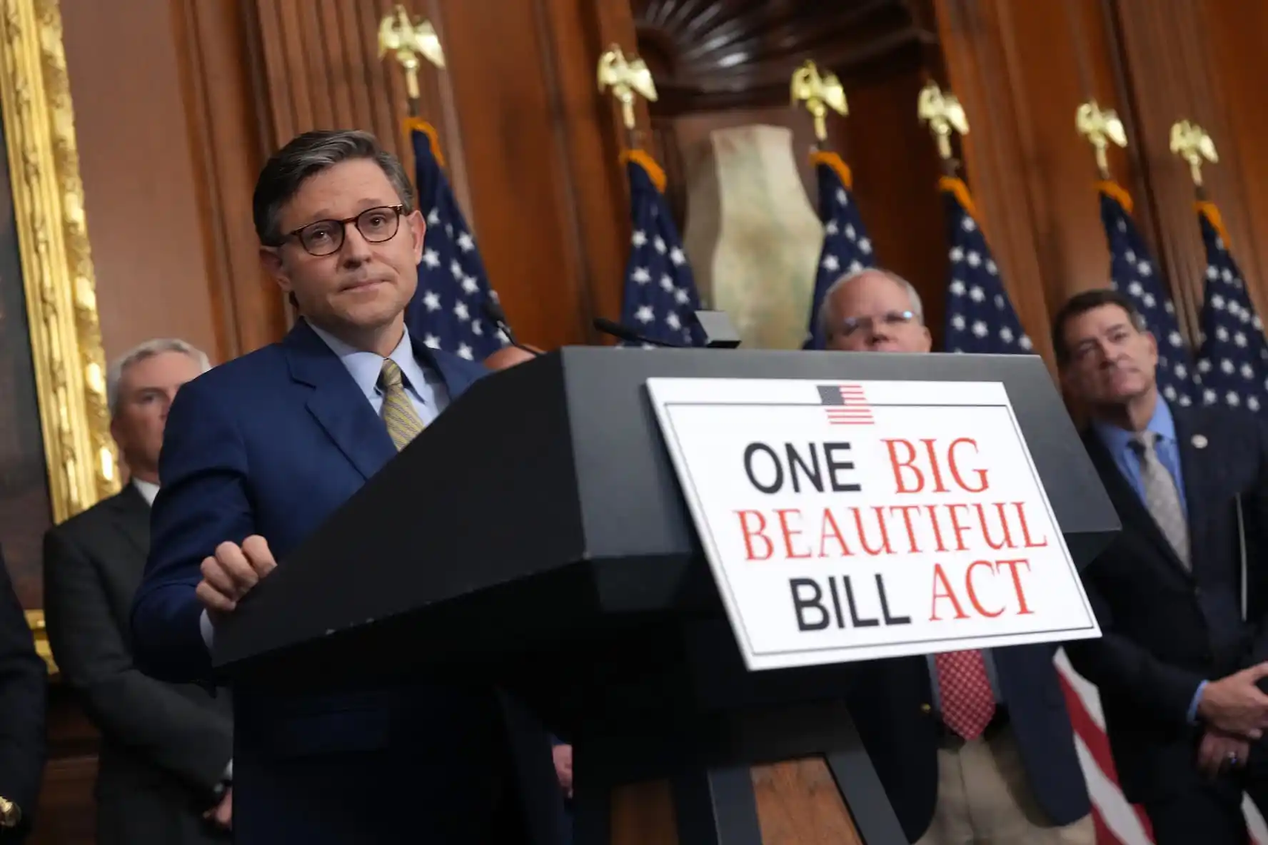 U.S. Speaker of the House Mike Johnson (R-La.) speaks to the media after the House narrowly passed a bill forwarding President Donald Trump's agenda at the U.S. Capitol on May 22, 2025 in Washington, DC. The tax and spending legislation, in what has been called the "Big Beautiful Bill," redirects money to the military and border security and includes cuts to Medicaid, education, and other domestic programs. Johnson was flanked by House Committee Chairmen who helped craft the legislation.