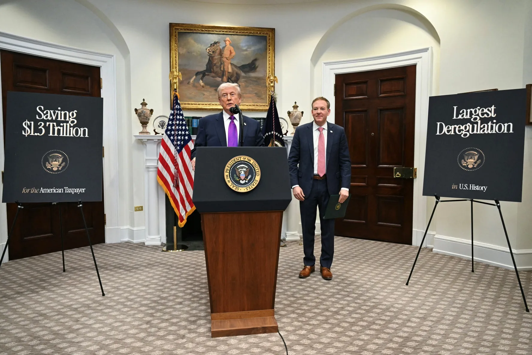 US President Donald Trump joined by US Administrator of the Environmental Protection Agency, EPA, Lee Zeldin, makes an announcement in the Roosevelt Room of the White House in Washington, DC on February 12, 2026.