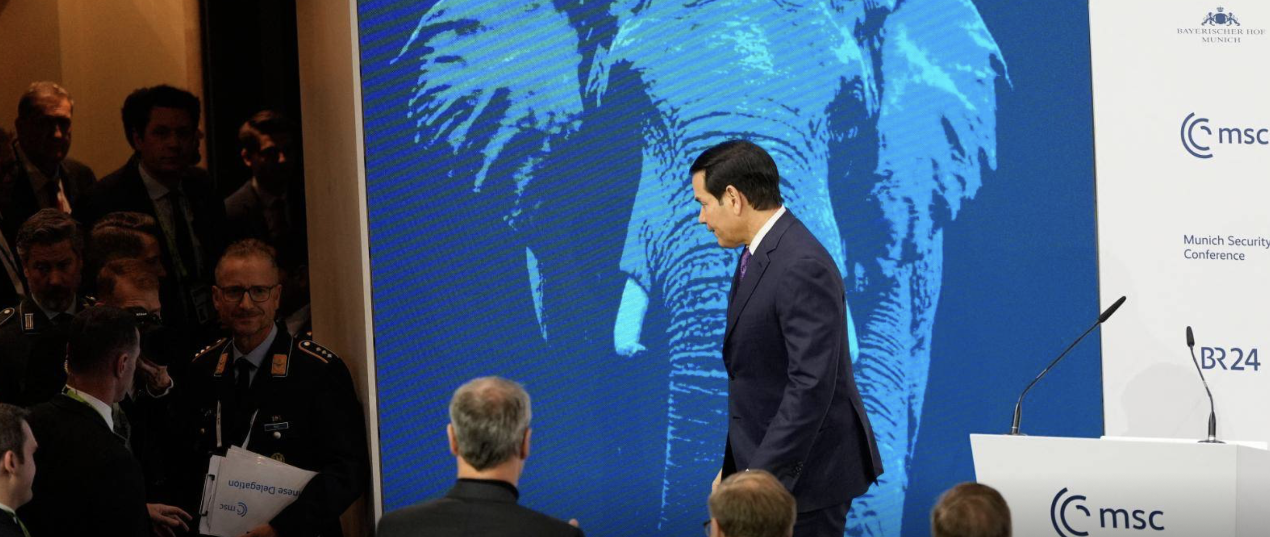 US Secretary of State Marco Rubio leaves after speaking at the conference on 14 February.