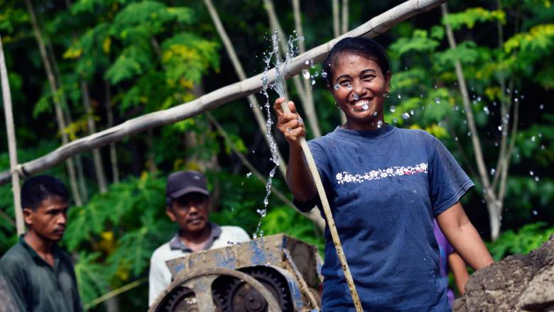 The running of the local brick industry in Tanah Beru Village, Indonesia, is made much more productive by continuously piped water from the PAMSIMAS project.