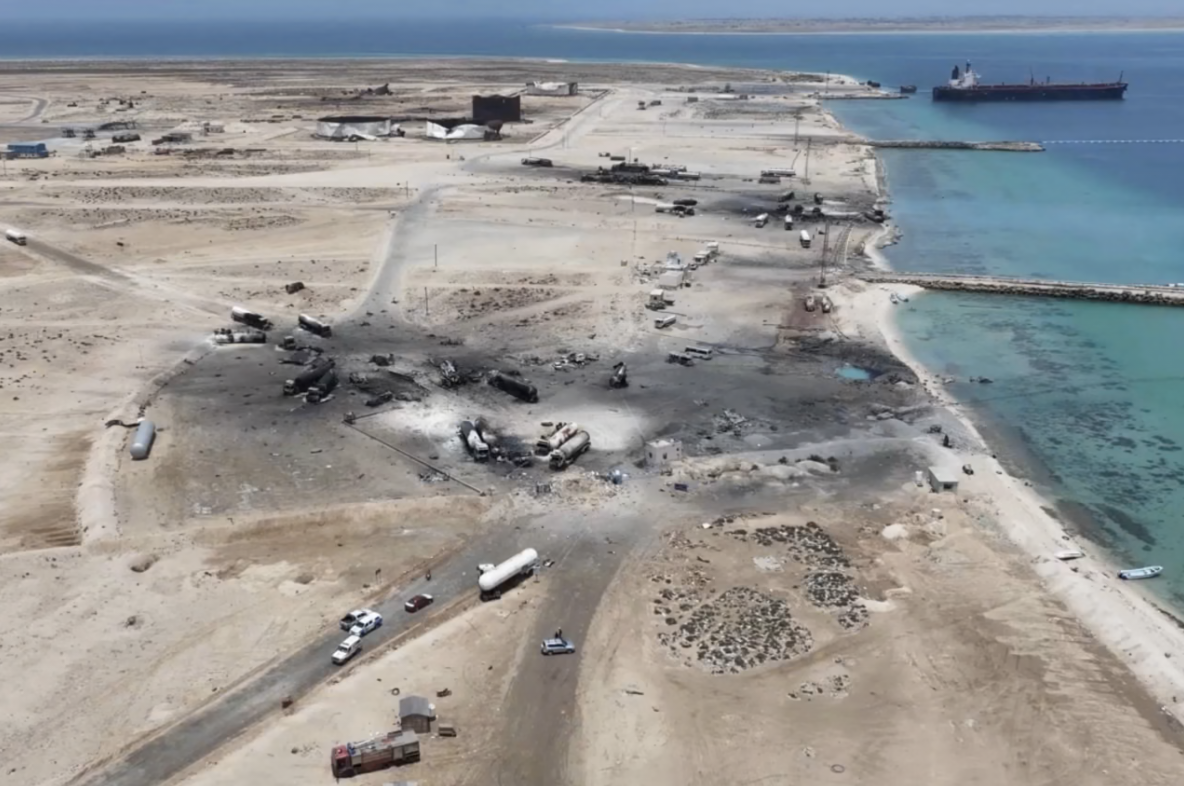 A drone view of the aftermath of a U.S. strike on the Ras Isa fuel port, Al Jazirah, Yemen, April 18, 2025.