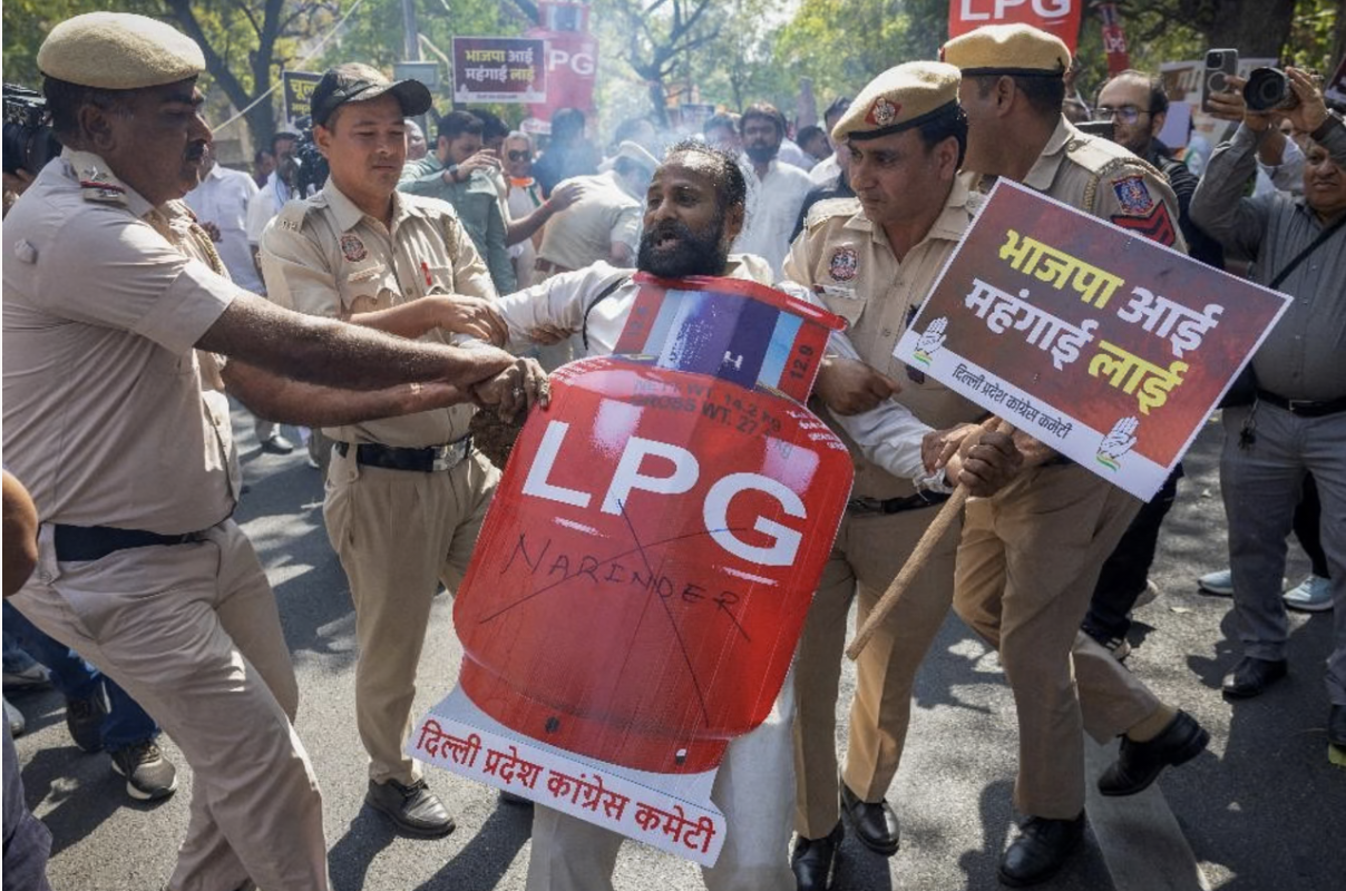 Police detain a supporter of India’s main opposition Congress party on March 13, 2026, during a protest in New Delhi against price hikes and supply disruptions of liquified petroleum gas (LPG) cylinders in the wake of the U.S.-Israeli conflict with Iran.
