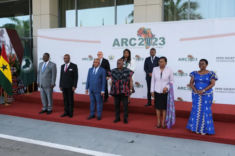 Ghana's president, Nana Akufo-Addo poses for a group photo with African leaders during the opening event of the African Union's conference on reparations in Accra, Ghana on November 14, 2023