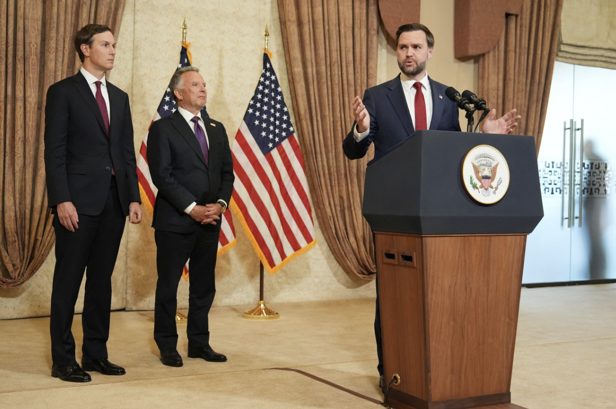 Jared Kushner and Steve Witkoff, Special Envoy for Peace Missions, watch as Vice President JD Vance briefs the press after meeting with representatives from Pakistan and Iran, April 12, 2026.