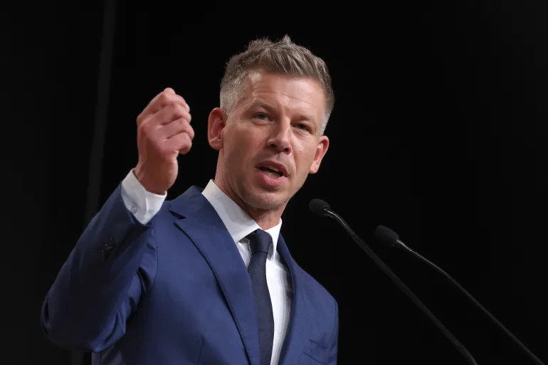 Peter Magyar, lead candidate of the Tisza party, speaks to the media the day after the sweeping Tisza victory over rival Fidesz in Hungarian parliamentary elections