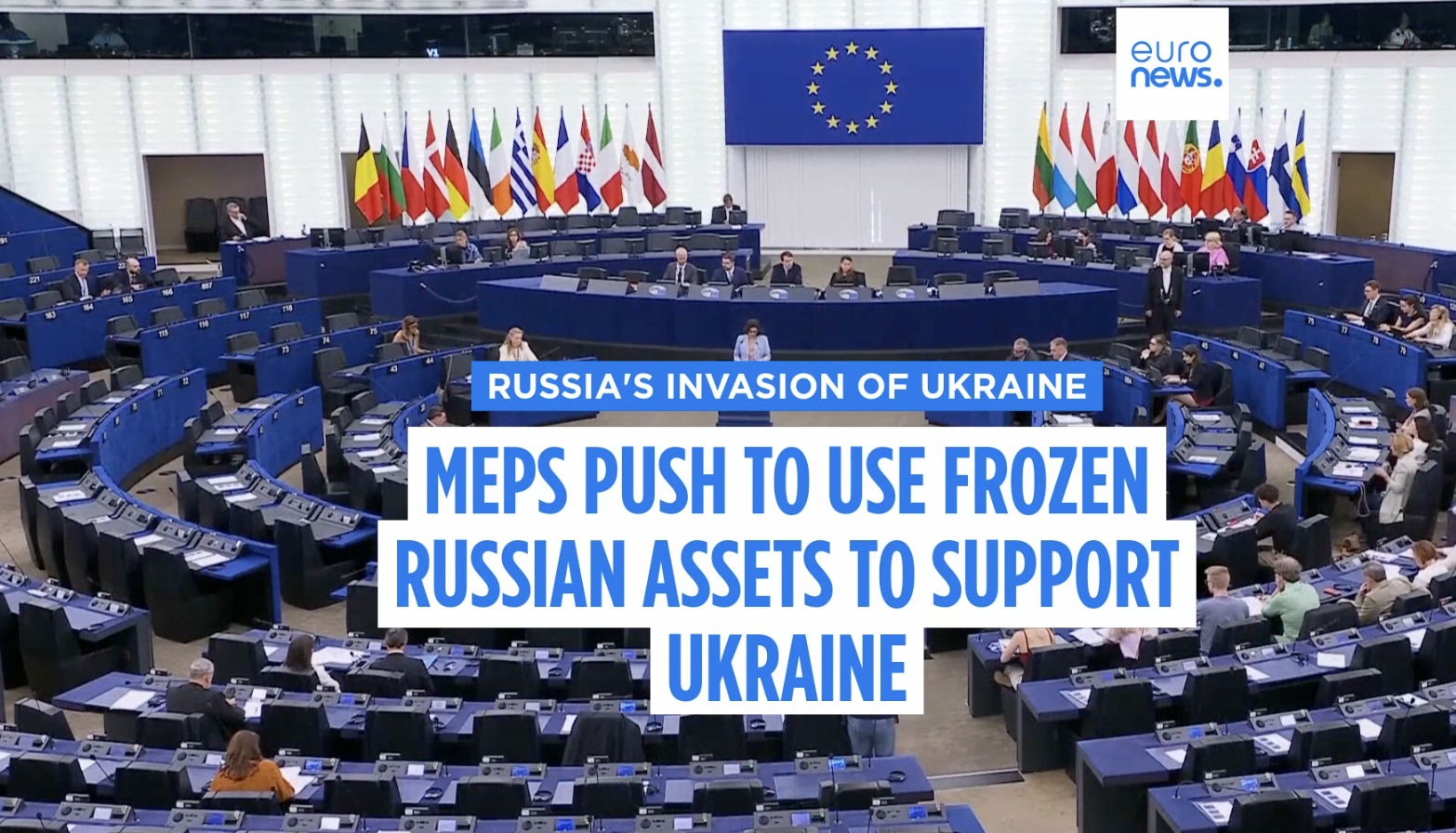 EU frozen Russian assets Ukraine defense funding push by MEPs to bridge budget gap