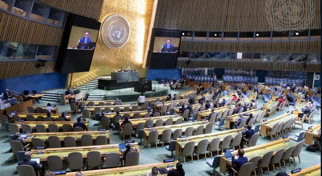 United Nations General Assembly hall in New York during a high-level diplomatic meeting